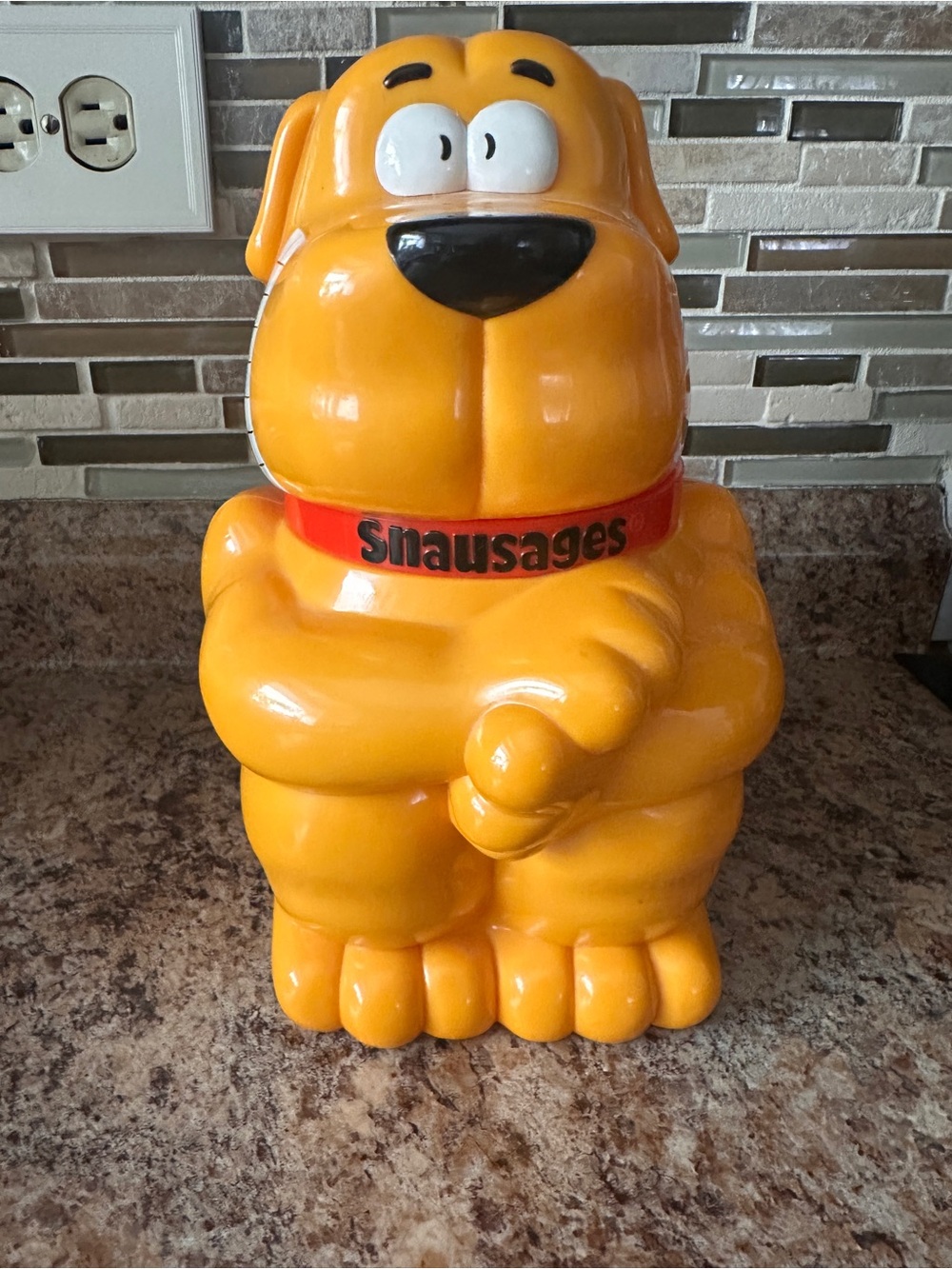 Snausages Dog Cookie Jar - Bright Yellow with Red Collar